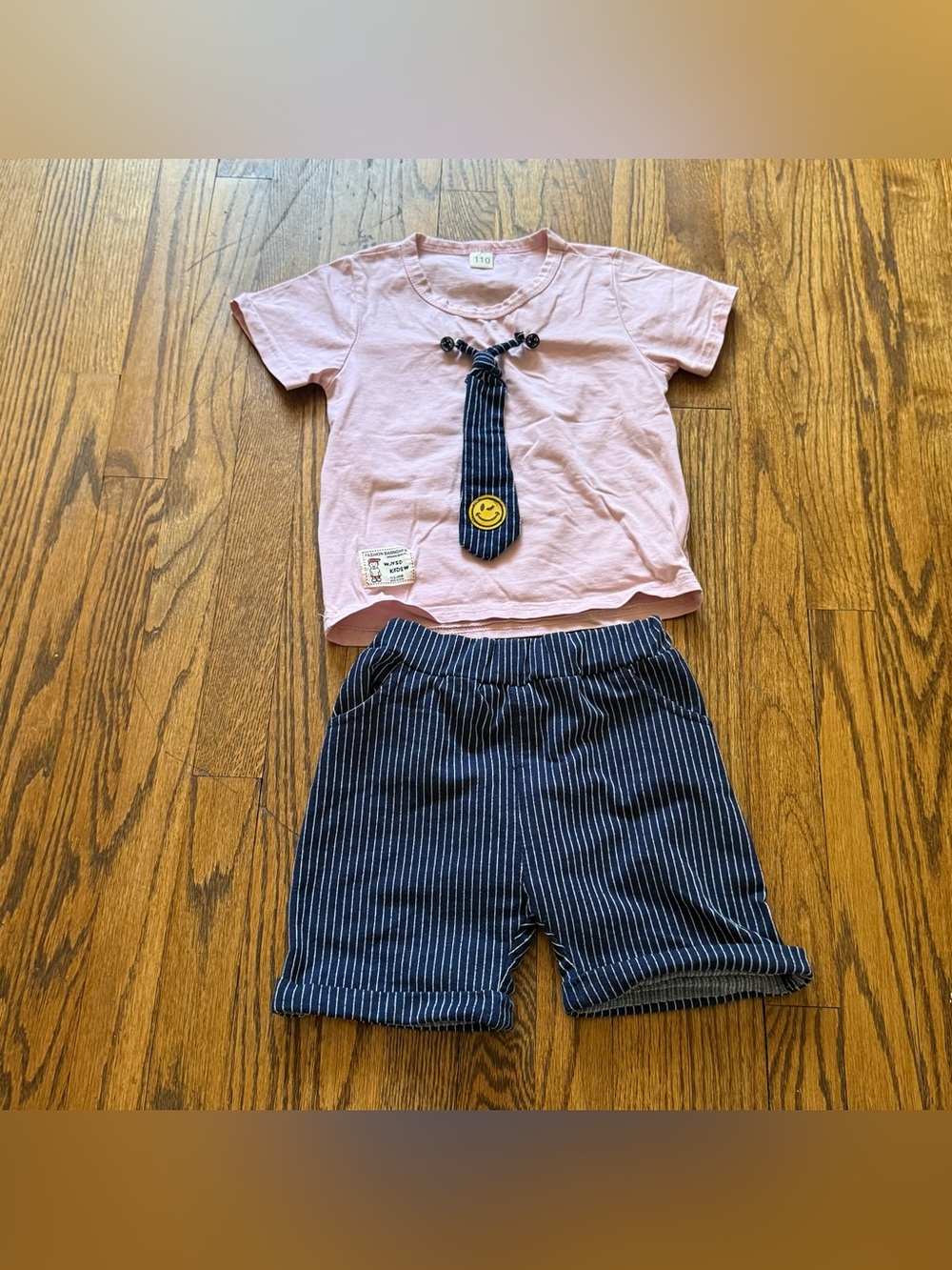 Kids Pink Tee & Navy Pinstripe Shorts Set